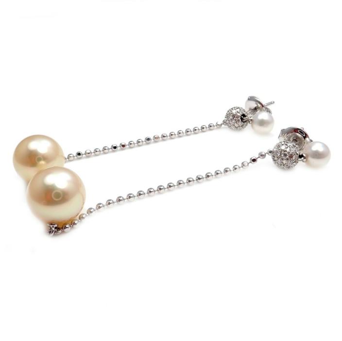 Mikimoto 18k White Gold 10mm Golden South Sea Pearl Diamond Earrings Box Papers