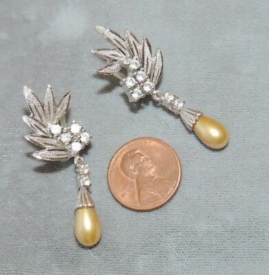 975 Fine Silver Golden Pearl CZ Dangle Omega Back Pierced Earrings 1b 71