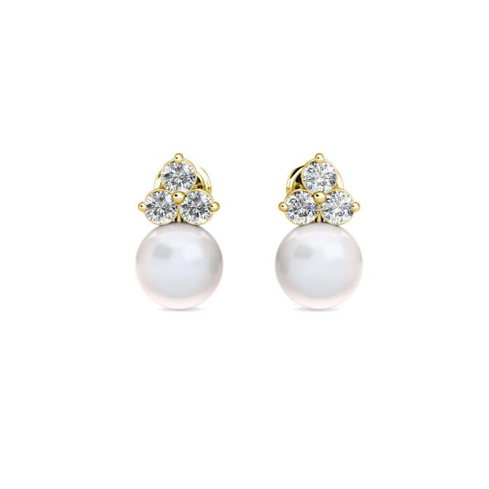 14K Yellow Gold 0.30Ct Diamond & Cultured Freshwater Pearl Ball Stud Earrings