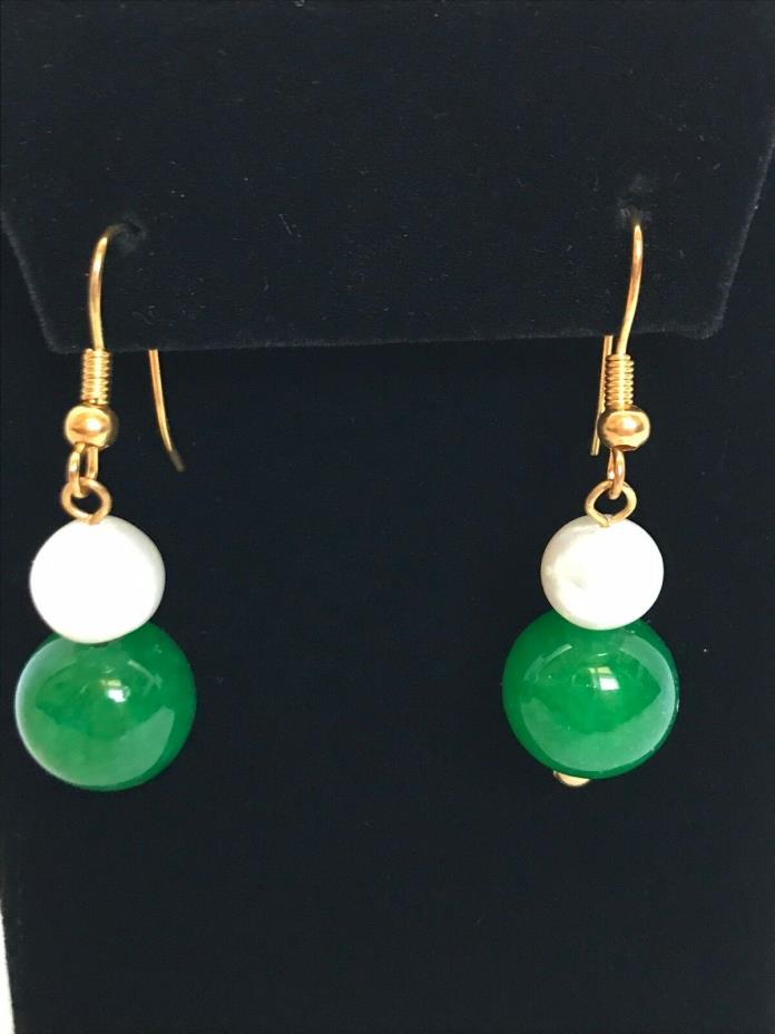 Gold Vermeil Imperial Green Jade Cultured Pearl French Hook Pierced Earrings