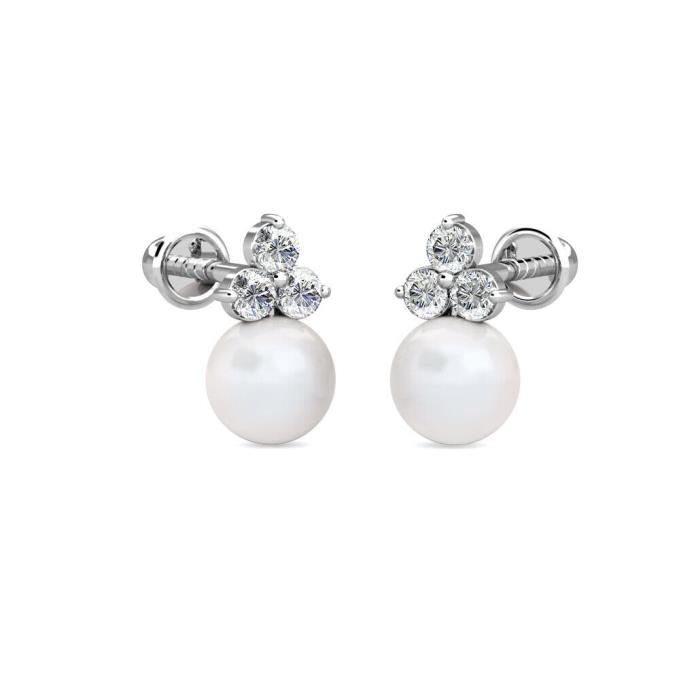 14K White Gold 0.30Ct Diamond & Cultured Freshwater Pearl Ball Stud Earrings