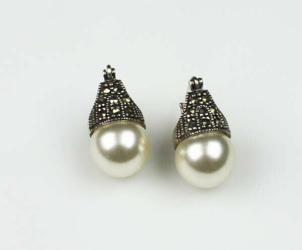 925 Sterling Silver Pearl Earrings, Marcasite Setting, Snap, 10mm pearl