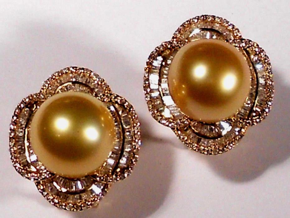 golden Souith Sea pearl EARRINGS, diamonds, solid 18k yellow gold.
