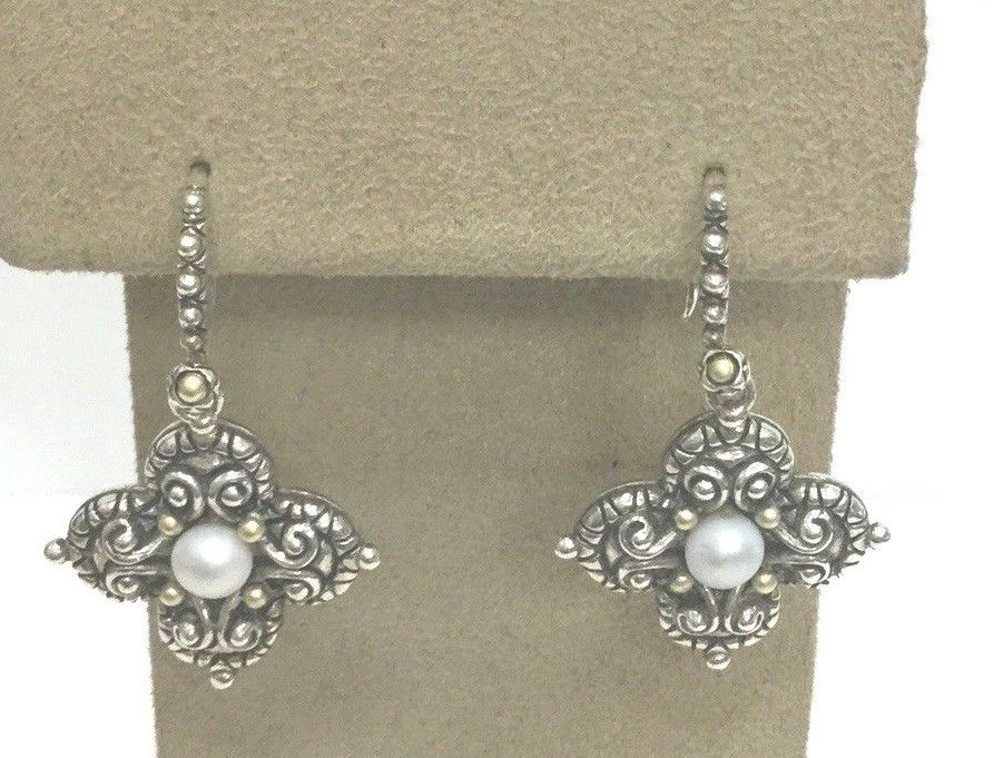Barbara Bixby Sterling 18k Lotus Flower Pearl Drop Earrings 1 1/4”