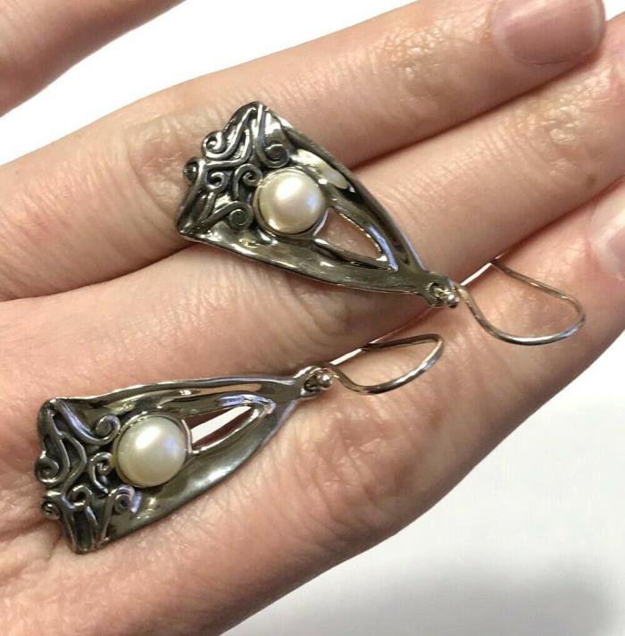 Hagit Gorali Israel Cultured Pearl Dangle Drop Earrings in Sterling Silver