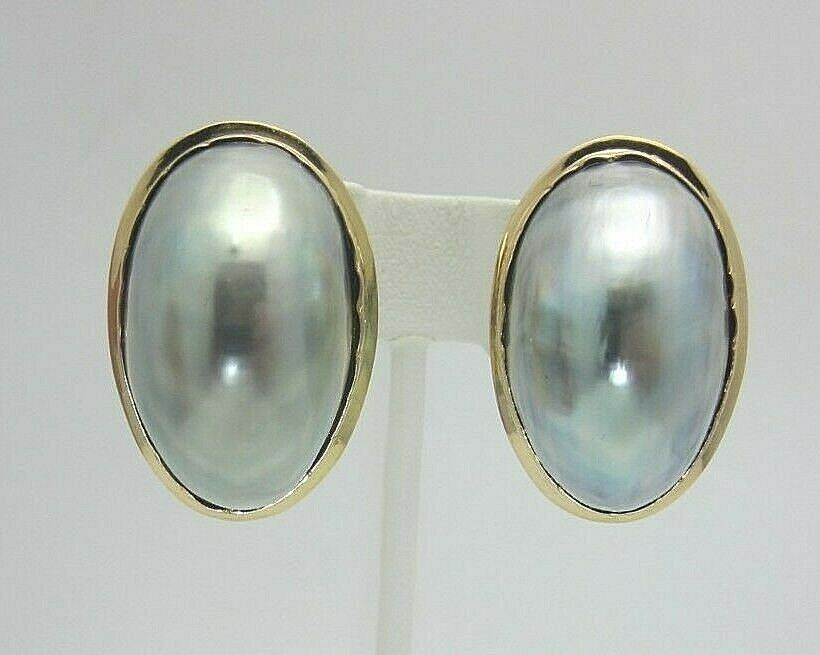 Vintage 18K Yellow Gold and Silver Mabe Pearl Earrings  28 x18 mm. large