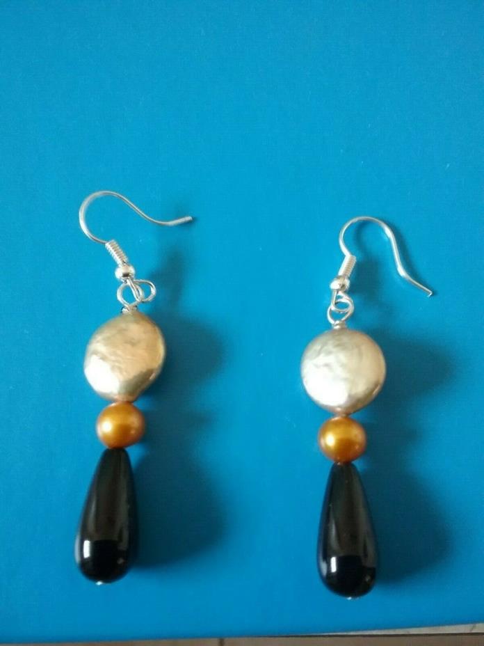 Coin,  freshwater pearls and onyx earrings in silver