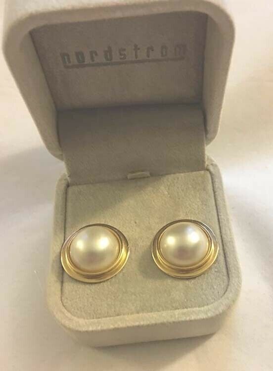 Nordstrom 14K Solid Yellow Gold Cultured Akoya Mabe Pearls Bezel Post Earrings