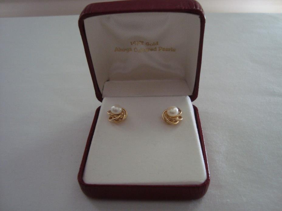 14K Yellow Gold Akoya Cultured White Pearl Stud Earrings Swirl Knot Basket NIB