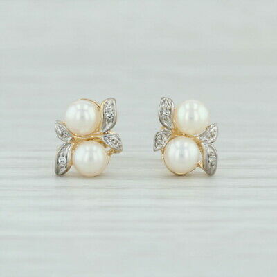 Cultured Pearl & Diamond Stud Earrings - 14k White & Yellow Gold Pierced