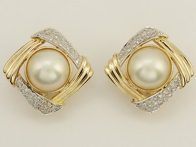 14K Yellow Gold Large Mabe' Pearl + Diamond Earrings 14.5mm Round - Pre-Owned