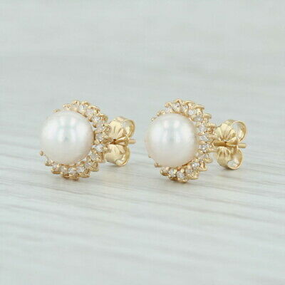 Cultured Pearl & Diamond Halo Stud Earrings - 14k Yellow Gold Pierced