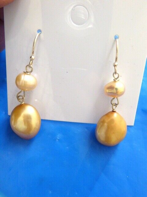 PAIR NEW SILVER CULTURED PINK GOLD CULTURED DROP DANGLE PIERCED PEARL EARRINGS