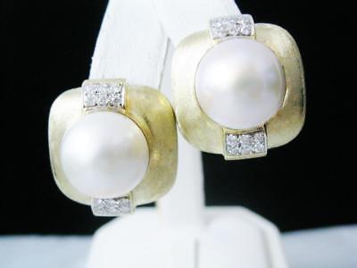 14k YELLOW GOLD MABE PEARL & DIAMOND EARRINGS 15 MM PEARLS OMEGA CLIPS SIGNED CK