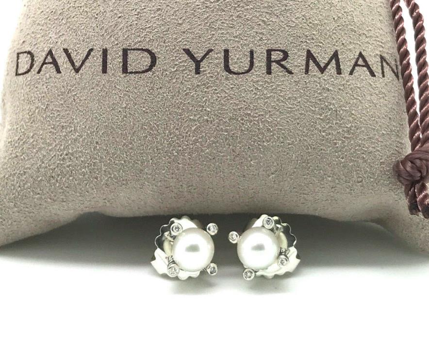 DAVID YURMAN 6mm Cable Pearl and Diamonds Earrings in Sterling Silver Pouch!