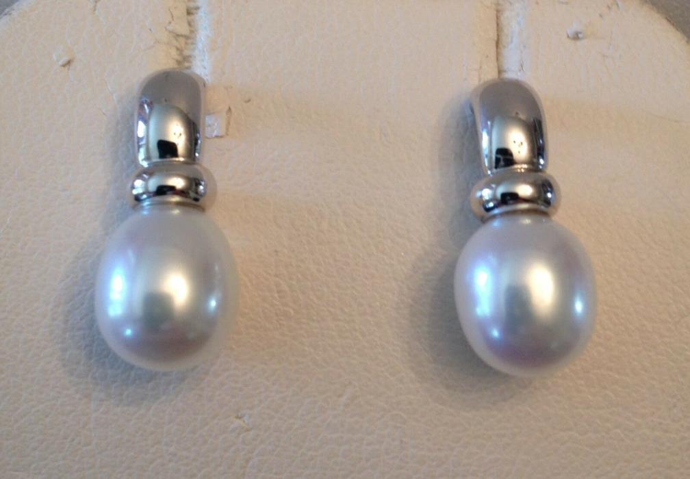 Pair 14k wg Pear Freshwater Pearl Drop Earrings with J Bar posts & backs