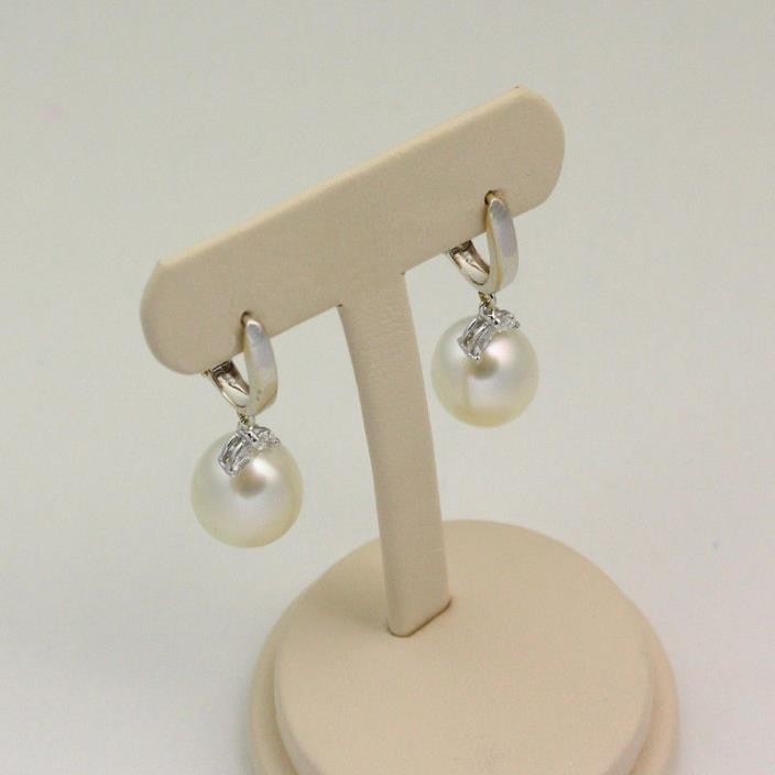 14k White Gold 11mm South Sea Cultured Pearl & Diamond Earrings - Pierced