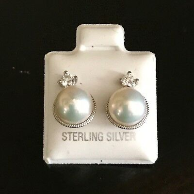 Sterling Silver Pearl Cubic Zerconia Pierce Earrings
