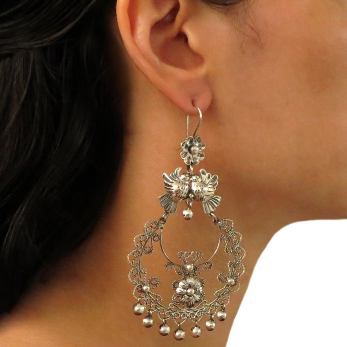 Large Sterling 925 Taxco Silver Lovebirds Flower Drop Earrings in a Gift Box
