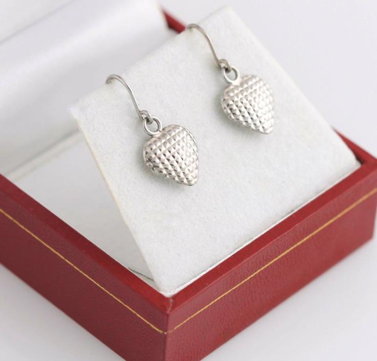 10K Heart Dangle Earrings WG White Gold Puff 3D Textured Drop Pierced Love Hook