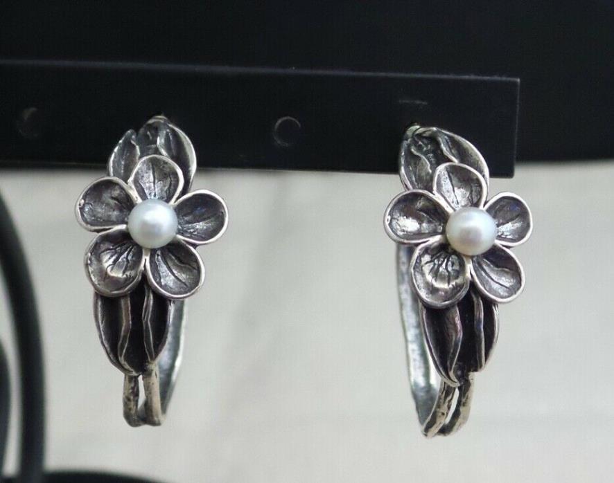NICE 925 Sterling Silver OR PAZ PZ Israel Large Floral Hoop Earrings w Pearls
