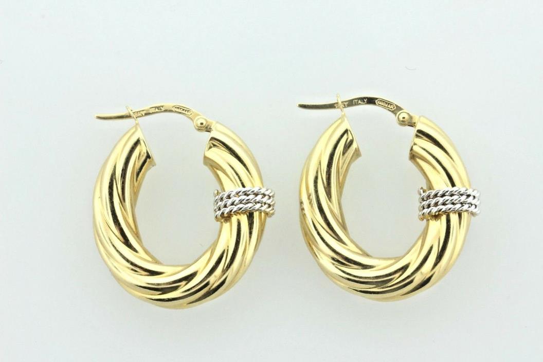 Italy 18K Yellow & White Gold Twisted Ridged Style & Triple Rope Hoop Earrings