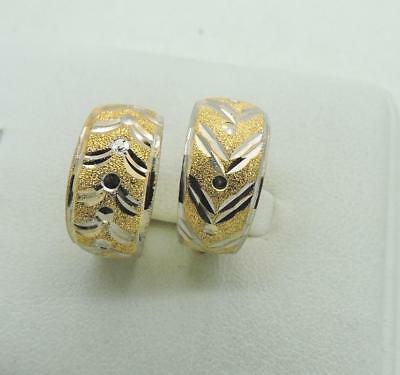 14K Yellow & White GOLD Etched diamond cut HOOP Earrings 3.3 Grams 3/4