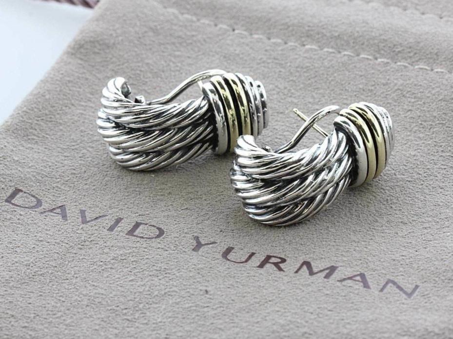 David Yurman Sterling Silver 925 & 14K 585 Yellow Gold Triple Row Cable Earrings