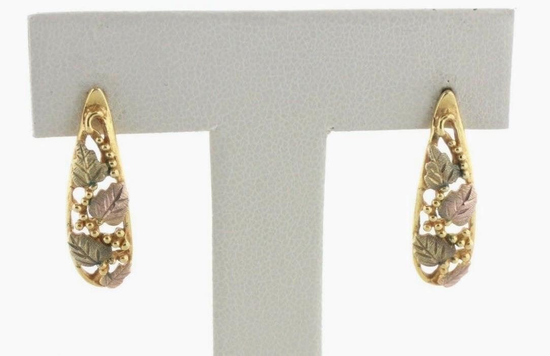 10K Yellow & Rose Gold Textured Stem Leaf Ball Design Elongated Post Earrings