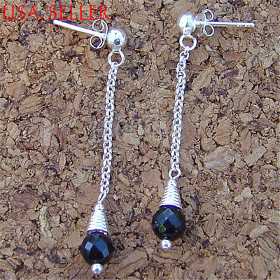 Genuine 925 Sterling Silver Ball Black Onyx Dangle Earrings 6mm * 45mm V562