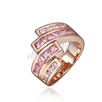 18K Rose Gold Filled Tarnish-Resist white/pink Cubic Zirconia CZ Wide Ring E0982