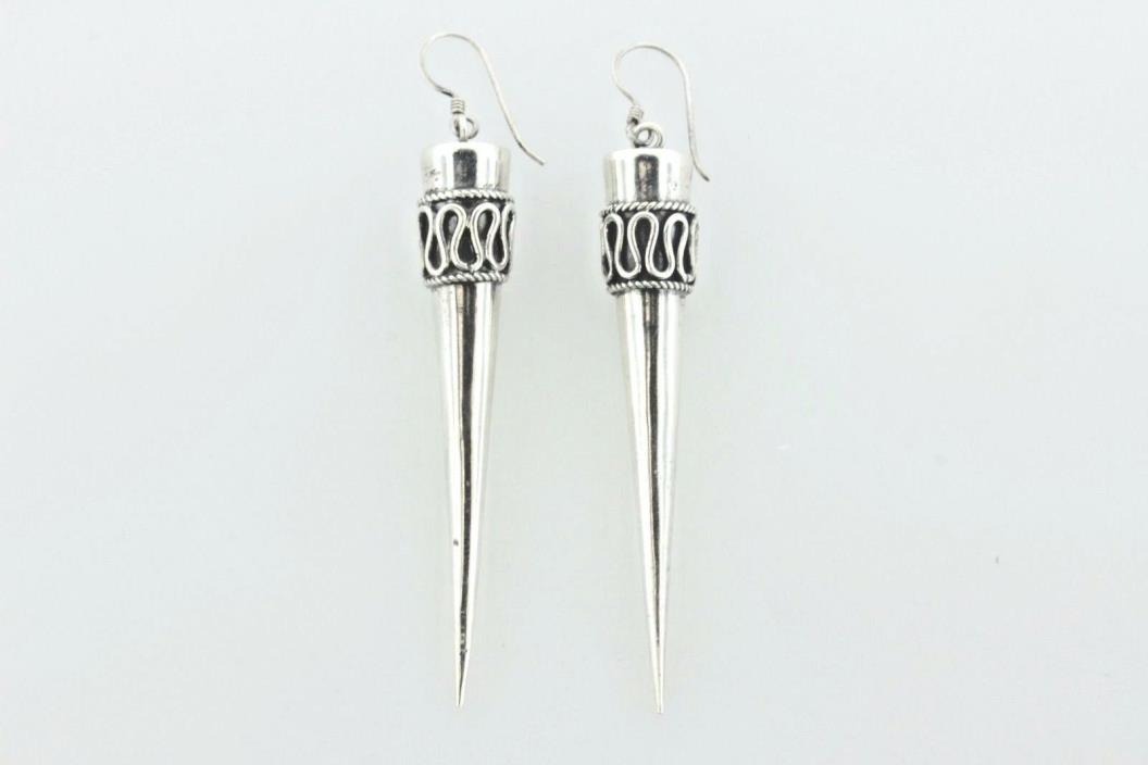 Bali Scroll Funnel Long Cone Pointed Sterling Silver 925 Hook Dangle Earrings