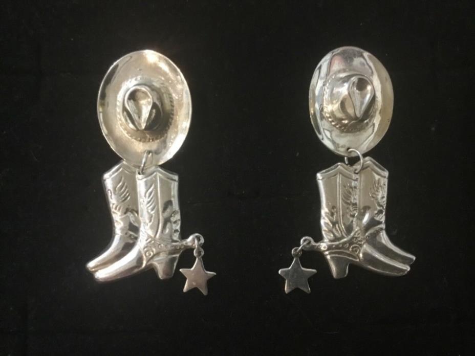 Indian Southwest 925 Sterling Silver Cowboy Boot/Hat/Texas Hanging Stud Earrings