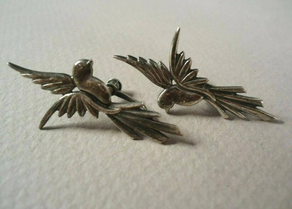 Old Sterling Silver Bird Screwback Earrings, Signed