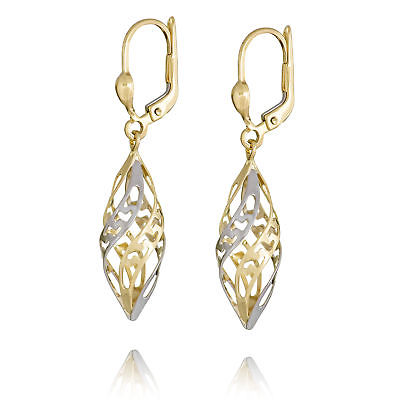 14k Gold Two-tone White and Yellow Greek Key Leaf-shape Earrings