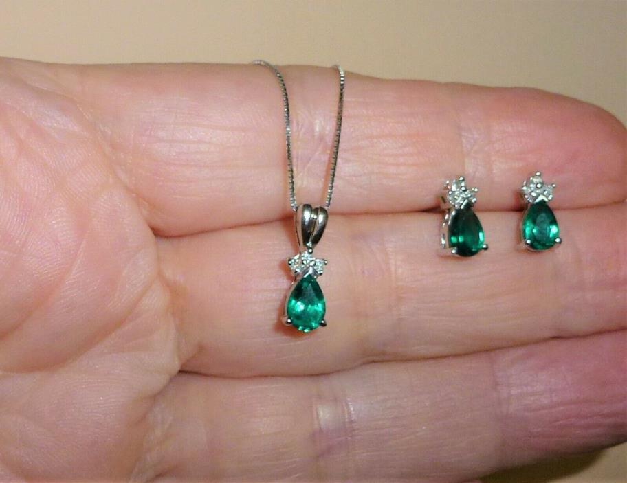 14K Solid White Gold Green Pear Cut Tourmaline&Diamond Earrings And Pendant Set