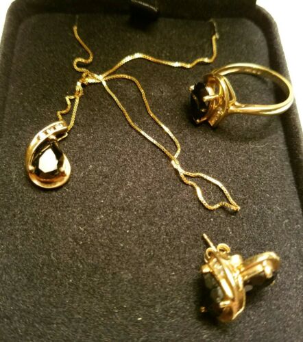 10K black onyx pendant pear-shaped on chain ,earrings & ring  sz 7
