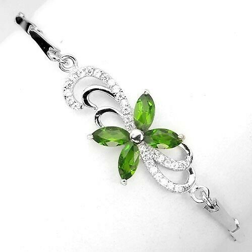 DELUXE! NATURAL RICH GREEN CHROME DIOPSIDE-W CZ 925 SILVER BRACELET 6-7.25 ins.