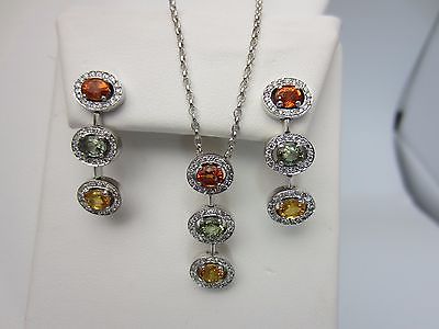18k white gold multicolor sapphire diamond necklace pendant earrings set 3.81cts