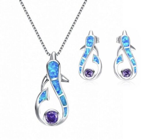 925 sterling silver bracelet Opal Dolphin Necklace + Earrings Set [SET-06]