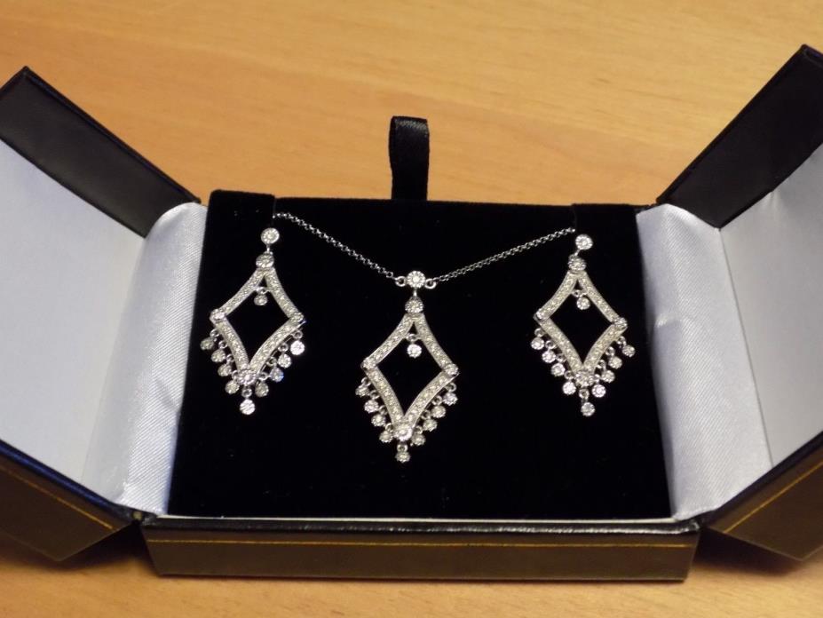 Vintage 14k white gold diamond dangle earrings w/ matching 14k diamond necklace