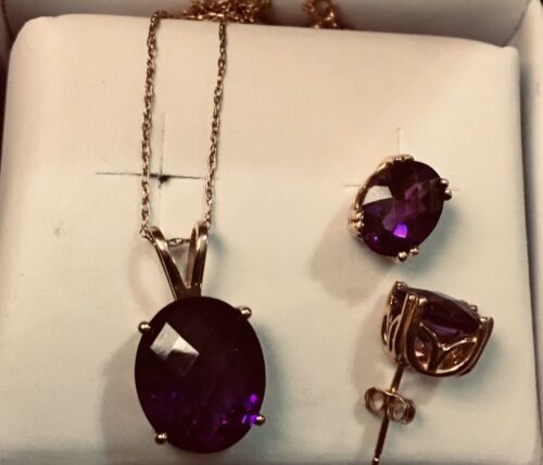 Solid Yellow Gold And Natural Amethyst Pendant Earrings Set Lot