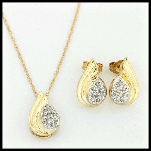 Solid 10k Yellow Gold, 0.25ctw Genuine Diamonds Set of Necklace & Earrings