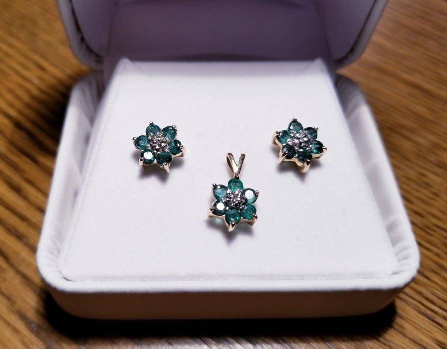 Emerald and Diamond 10k Gold Earrings and Pendant Set
