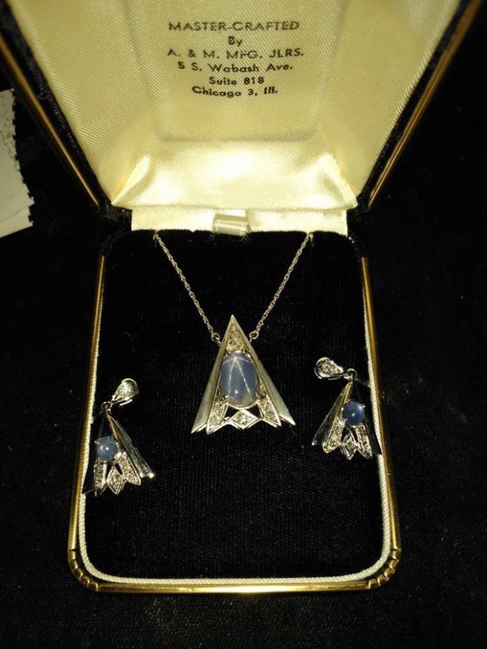 Vtg 14K white gold with diamonds & blue star sapphires necklace & earring suite