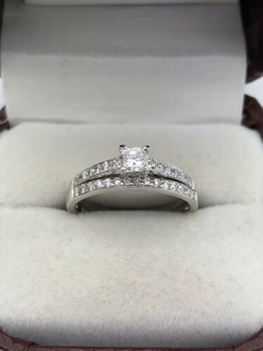 18K White Gold Princess Cut Diamond Engagement Wedding Ring Bridal Set Size 7