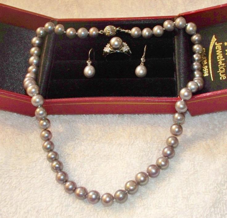 Beautiful 14k Gray Pearl & Diamond Ring With Necklace & Drop Earrings