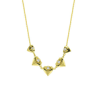 14k Yellow Gold Diamond Necklace with Graduated size Hearts and Diamond Accents