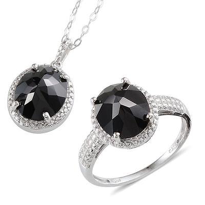 Thai Black Spinel (Ovl) Ring (Size 7) and Pendant in Platinum Overlay Sterling S