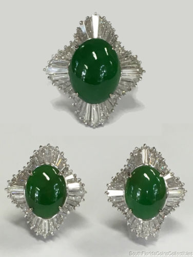 Estate Jewelry Cabochon Jadeite & Diamond Ring & Earrings 18K White Gold